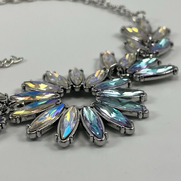 Silver Tone Blue AB Glass Starburst Bib Statement Necklace Bling Collar Bold - Picture 4 of 6